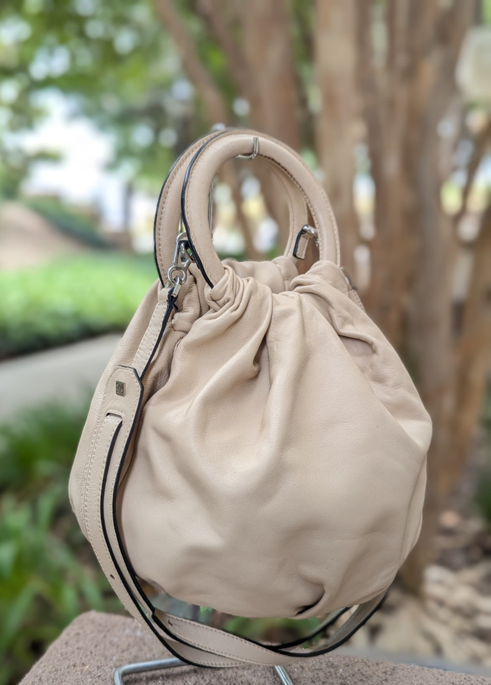 LOEWE Anagram Bounce Lambskin Leather 2-Way Shoulder Bag Crossbody Beige Silver